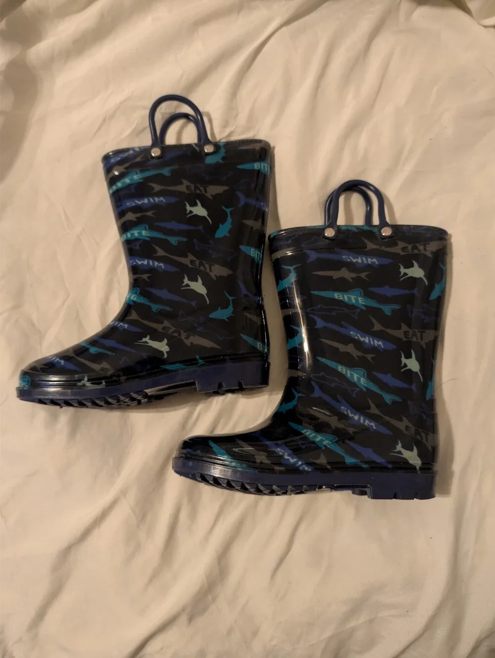 Kids Navy Shark Rain Boots with Handles Toddler Size 10